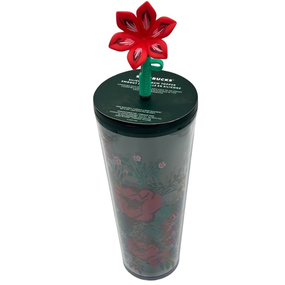 Starbucks Tumbler Unisex 24oz Green New Floral Cold‎ Cup Flower Straw Topper